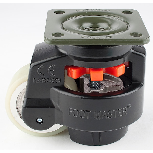 Foot Master Leveling Caster, 75 mm Polyurethane Wheel, 95x95 mm Plate, Swivel, 800 kg Cap, NBR Foot Pad, Black GD-100-F-HUP-FBL - main